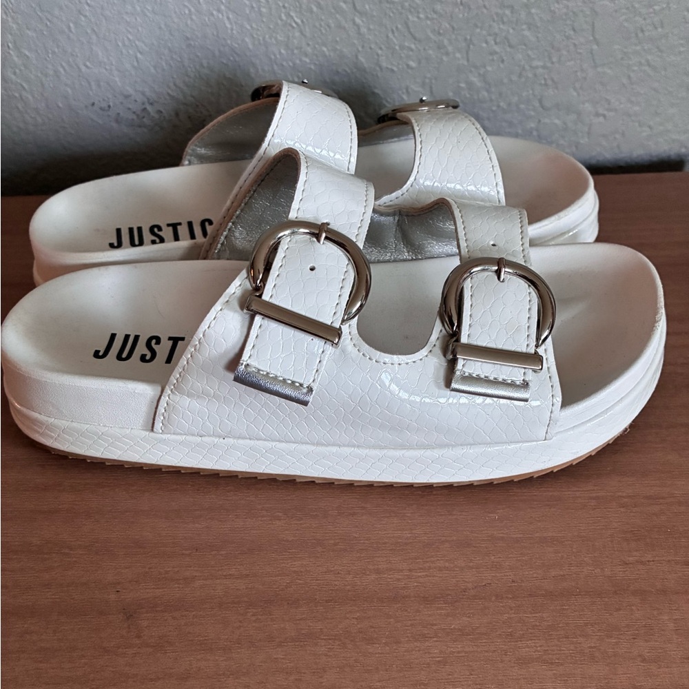 Girls Justice White Double-Strap Slide Sandals with Silver Buckles Sz 6
